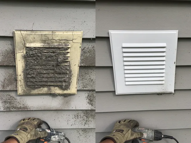 Hudson Dryer Vent Cleaning technician installing high-quality dryer vent cover at a residential property in Hudson